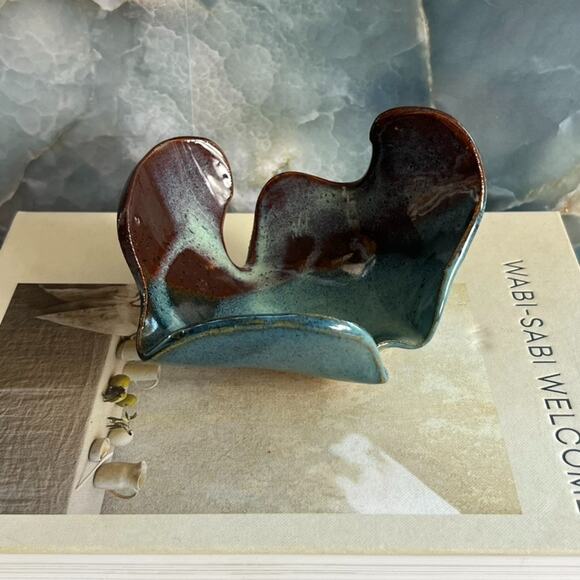 Studio Art Pottery Abstract Sculpture Art Piece Stoneware Maroon Blue Dip Glazed - Picture 1 of 7